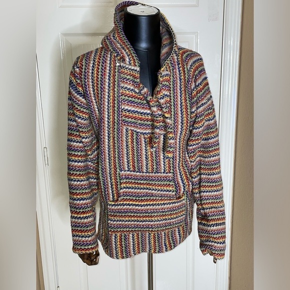 Molina Mexican Baja Hoodie Hippie Surf Poncho Sweater Size Medium Multicolor - Picture 8 of 11